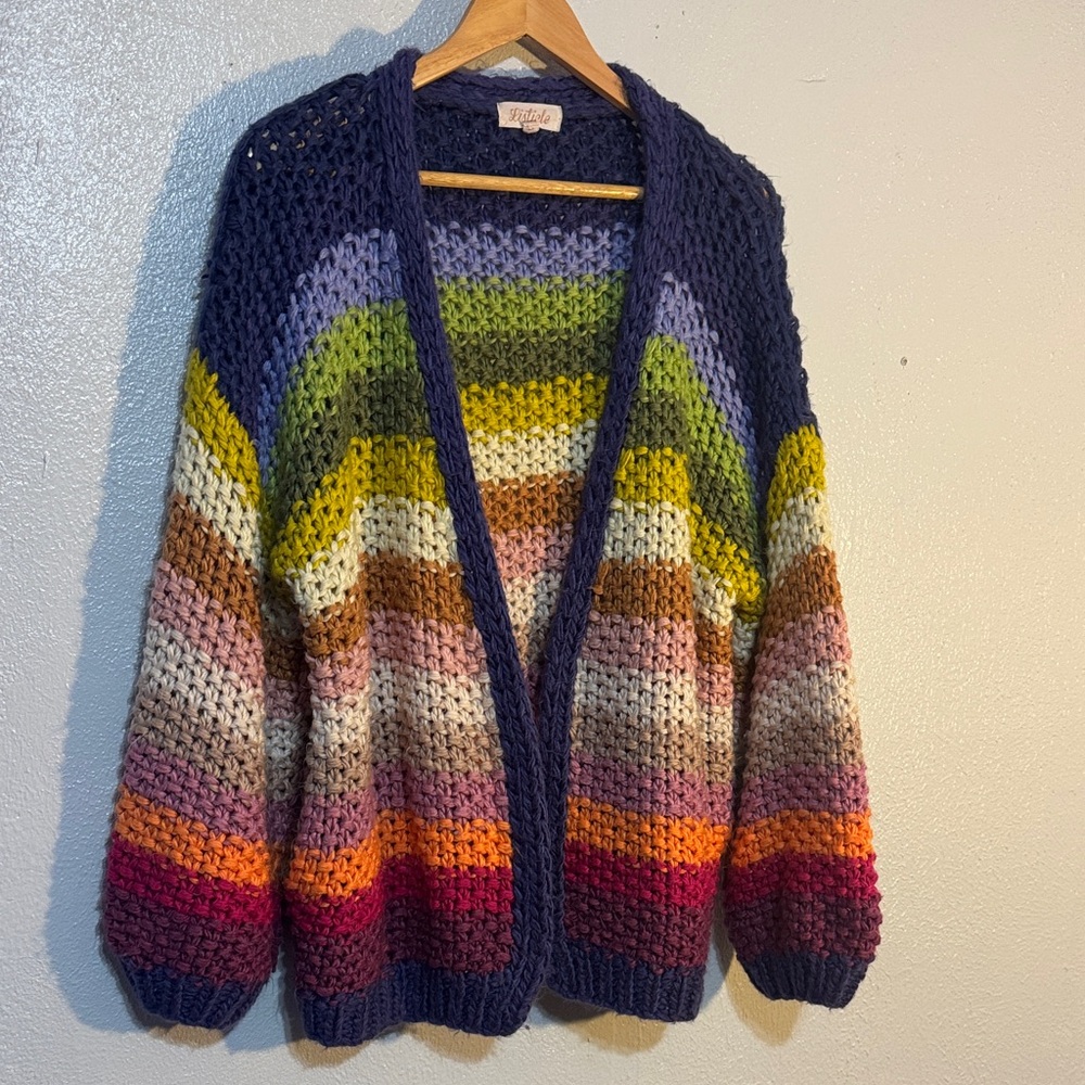 Listicle Handknit Chunky Striped Rainbow Cardigan Sweater Boho Cozy Knit Pockets